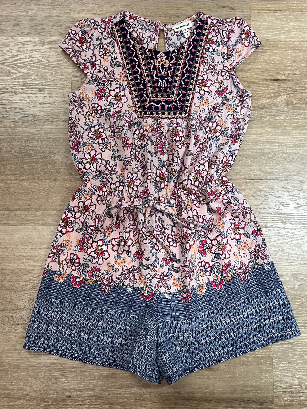 Monteau Girl Floral Print Romper Pink Boho Embroidered Neckline Size 8